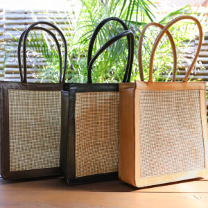 Leather and rattan square bag